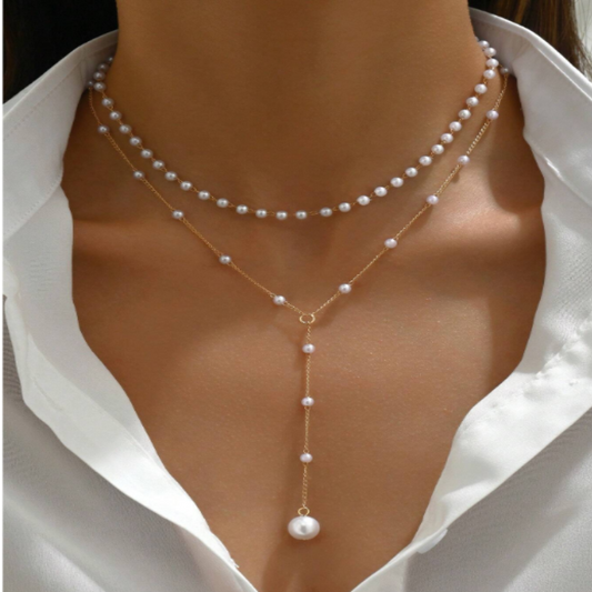 1pc Gold Y-Shaped Design Layered Necklace, Details Decorated With Rhinestones & Faux Pearl, Suitable For Daily Wear By Women, Friendship Gifts, Banquet Parties(Handmade Chain Cut To Size, Variable Number Of Pearls, Variable Size Of Rhinestones)